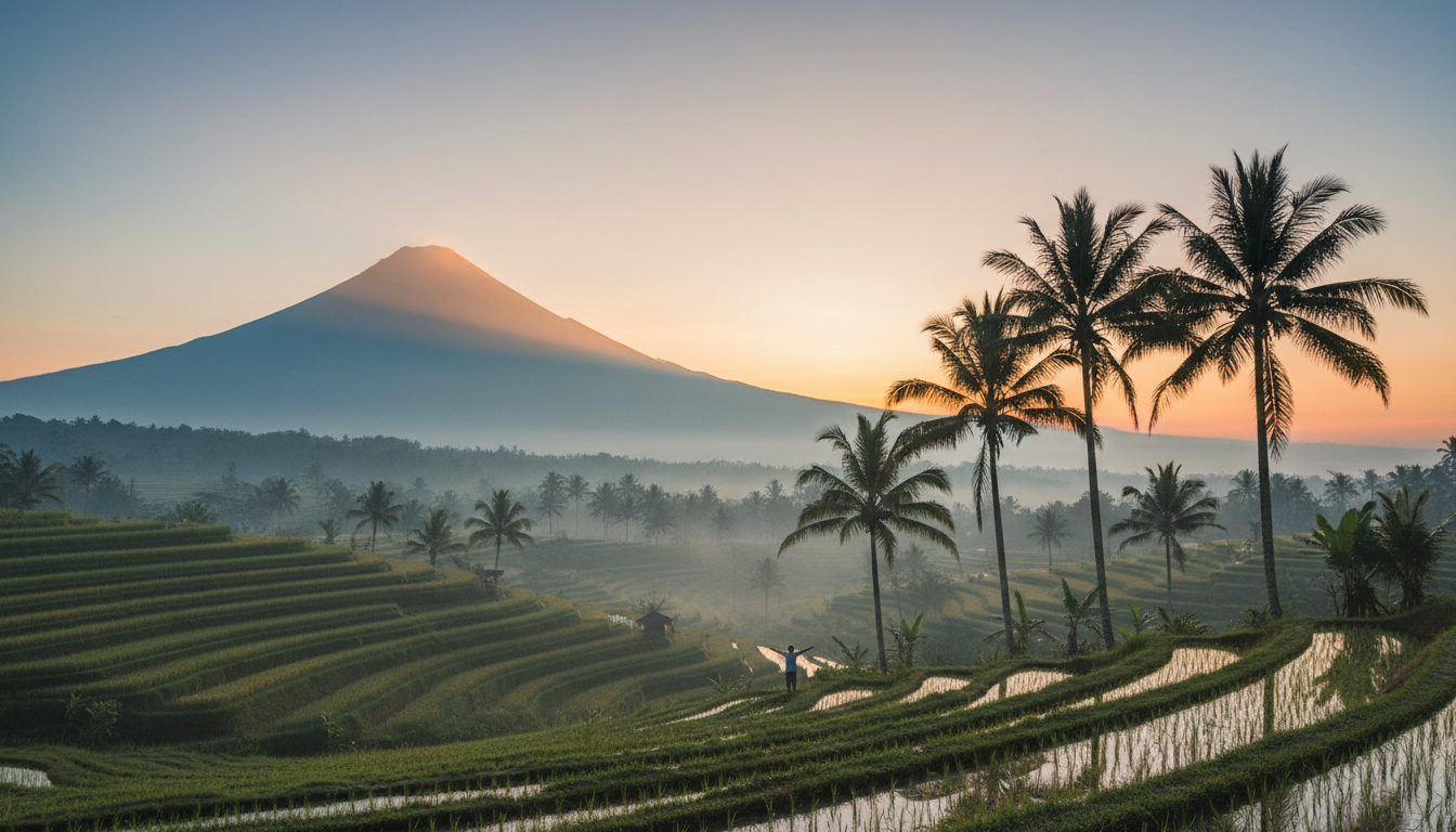 Sunrise over Mount Agung seen from a rice terrace, with morning mist in the valleys and palm trees s
