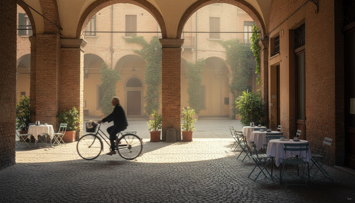 Morning light streaming through Bolognas famous porticoes near Piazza Maggiore, with a cyclist passi
