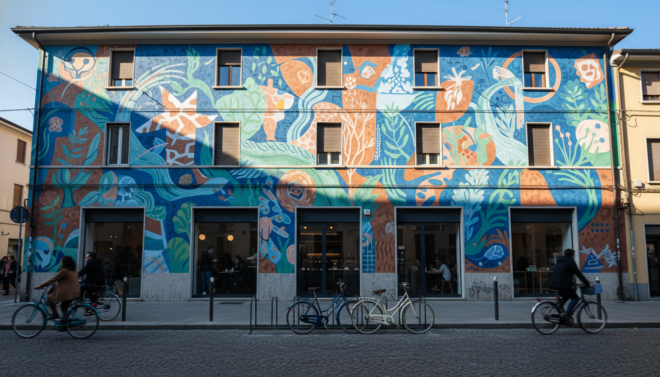 Street art mural covering an entire building facade in Bolognina, with a modern coffee shop at stree