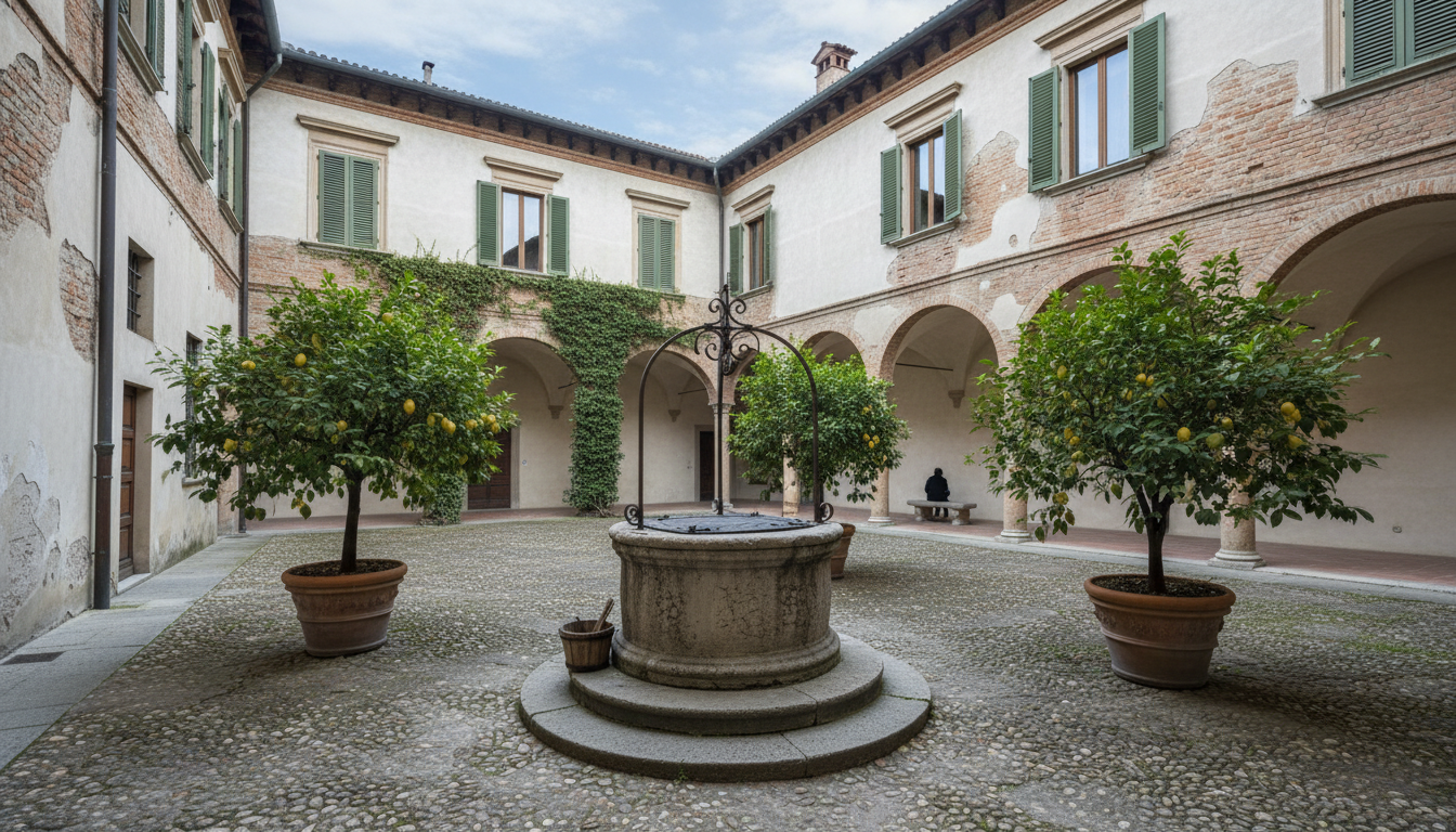 Interior courtyard of a Renaissance palazzo in Santo Stefano, with a stone well, potted lemon trees,
