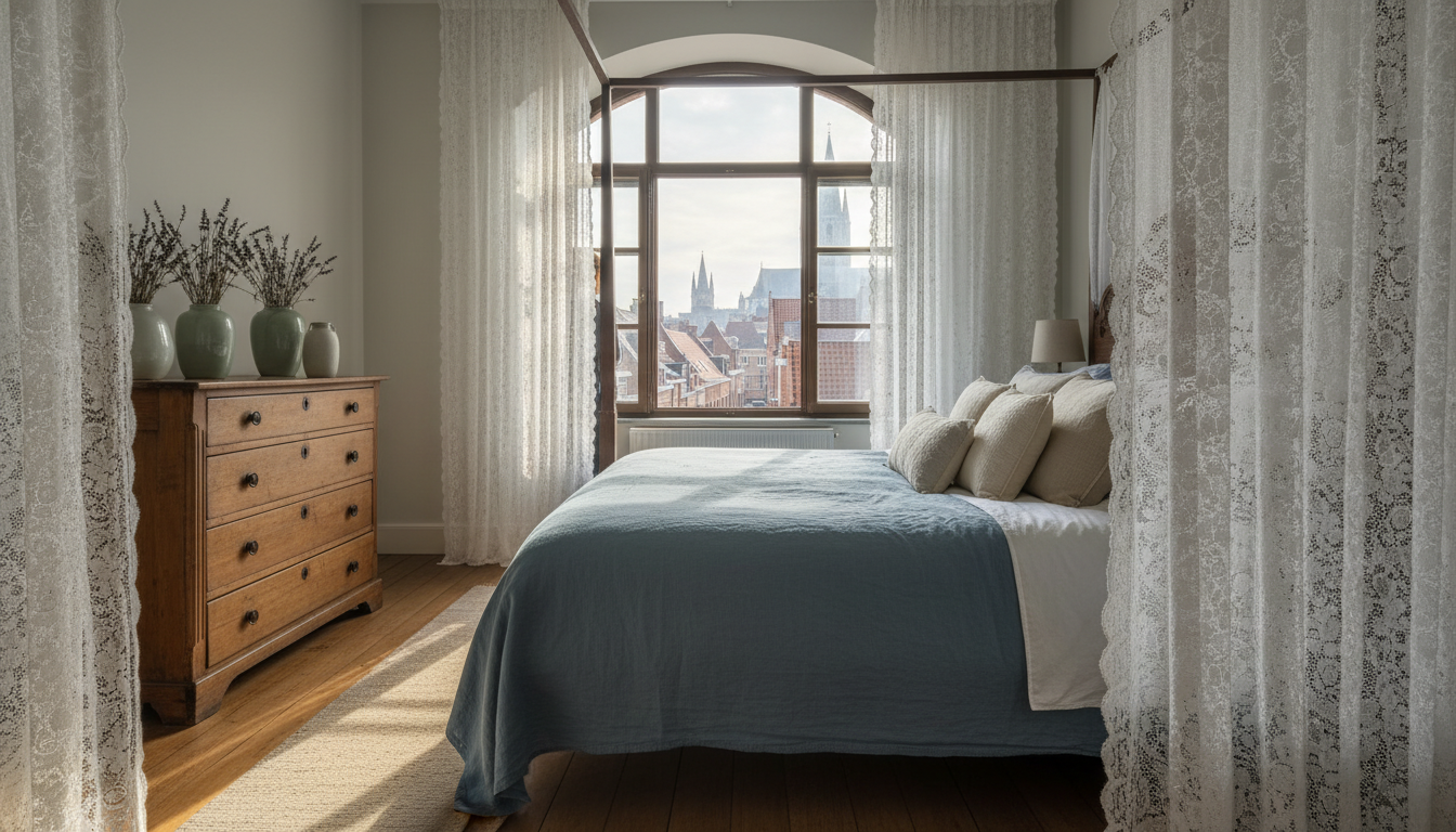 Morning light streaming through lace curtains in a traditional Bruges townhouse bedroom, antique woo