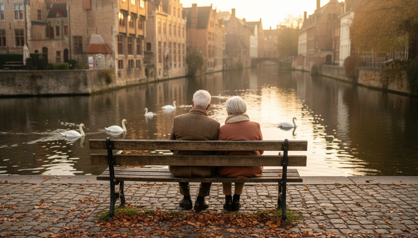 Elderly couple sitting on a wooden bench along the Dijver canal in Bruges, swans gliding past, Gothi