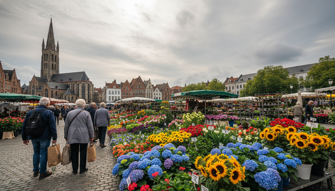Saturday morning market at t Zand square in Bruges, colorful flower stalls, elderly locals with shop