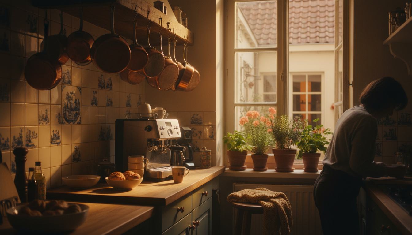 Cozy Bruges kitchen with copper pots hanging, traditional blue-and-white tiles, espresso machine on