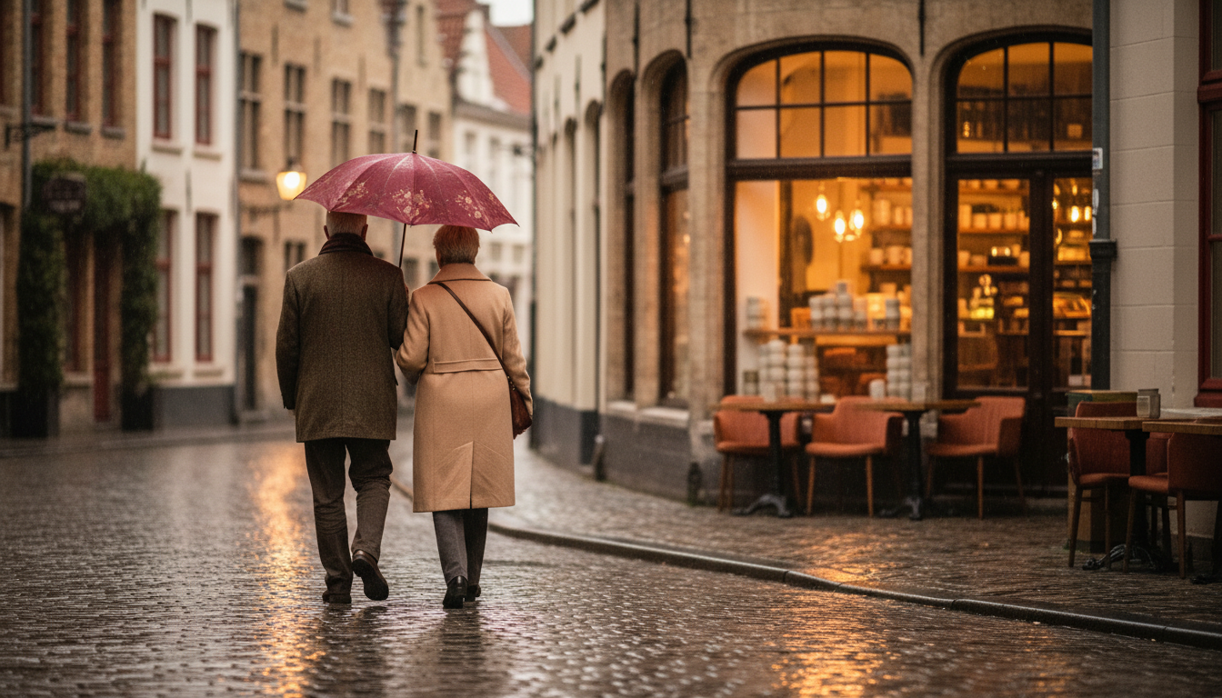 Rainy afternoon in Bruges with cobblestone street glistening, elderly couple sharing an umbrella, wa