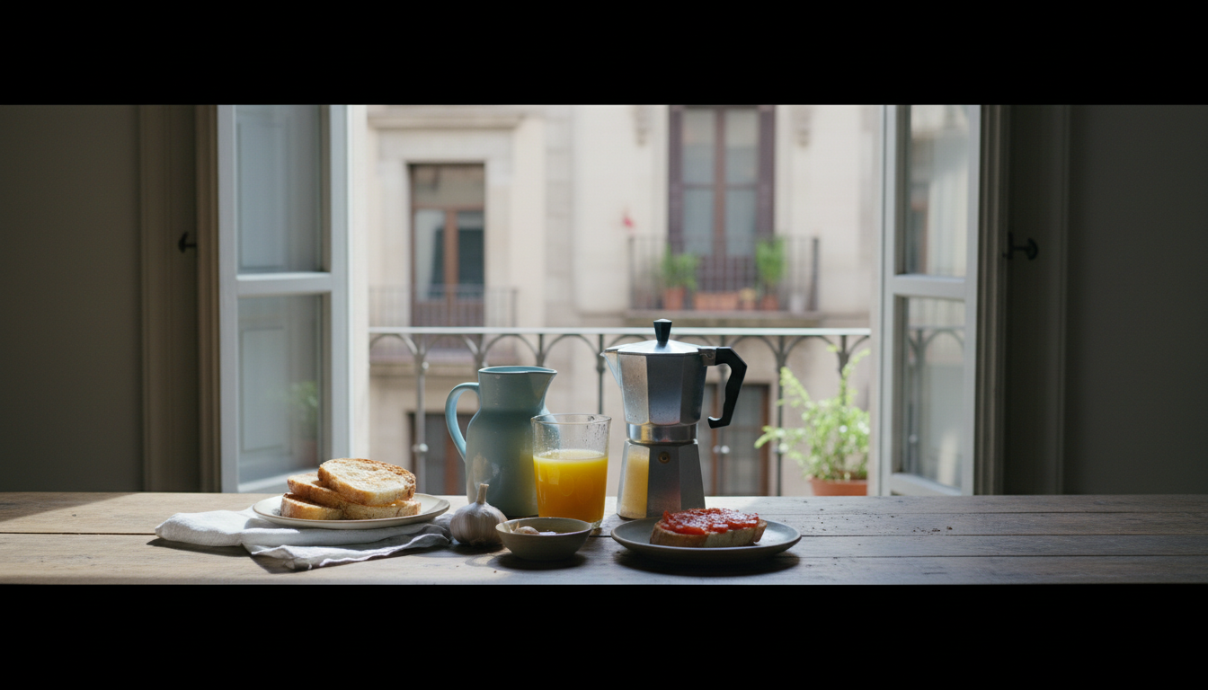 Morning light streaming through shuttered windows onto a breakfast table with pa amb tomquet, fresh