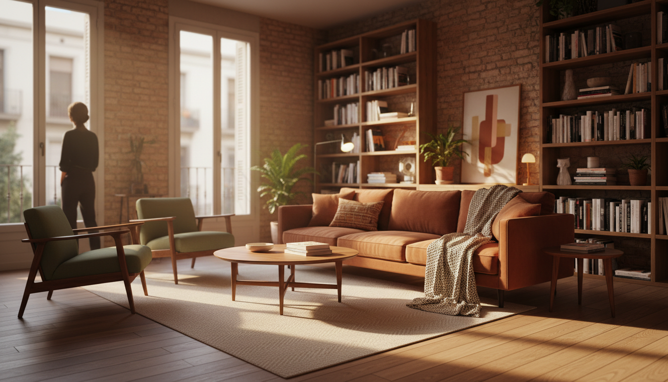 Cozy living room in a Barcelona apartment with exposed brick walls, mid-century modern furniture, fl
