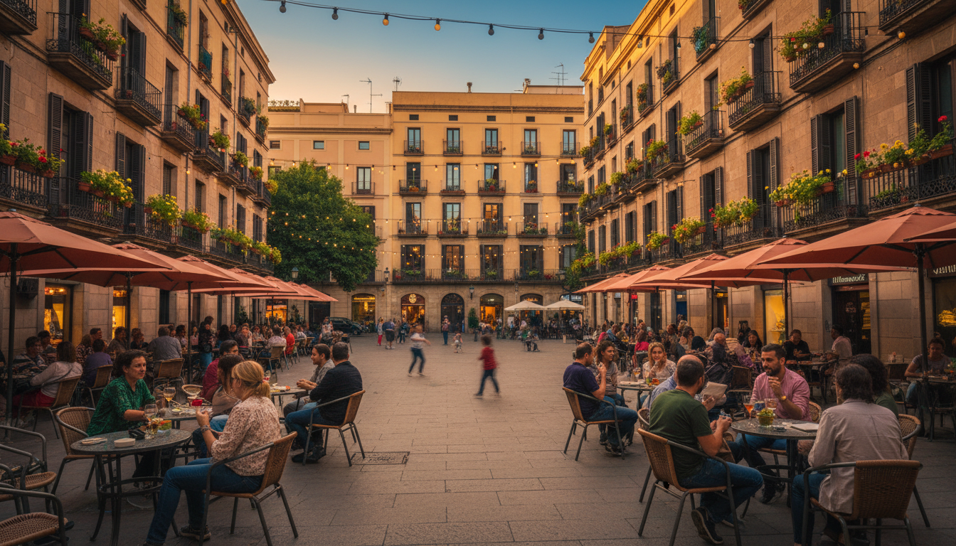Plaa del Sol in Grcia at golden hour, locals gathered at outdoor caf tables, children playing, strin