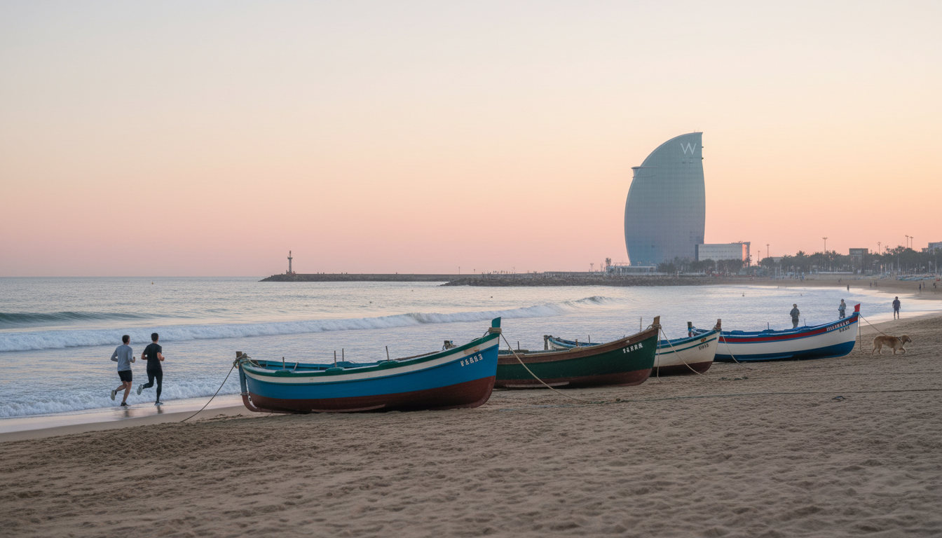 Early morning on Barceloneta beach, a few joggers and dog walkers, fishing boats pulled up on sand,