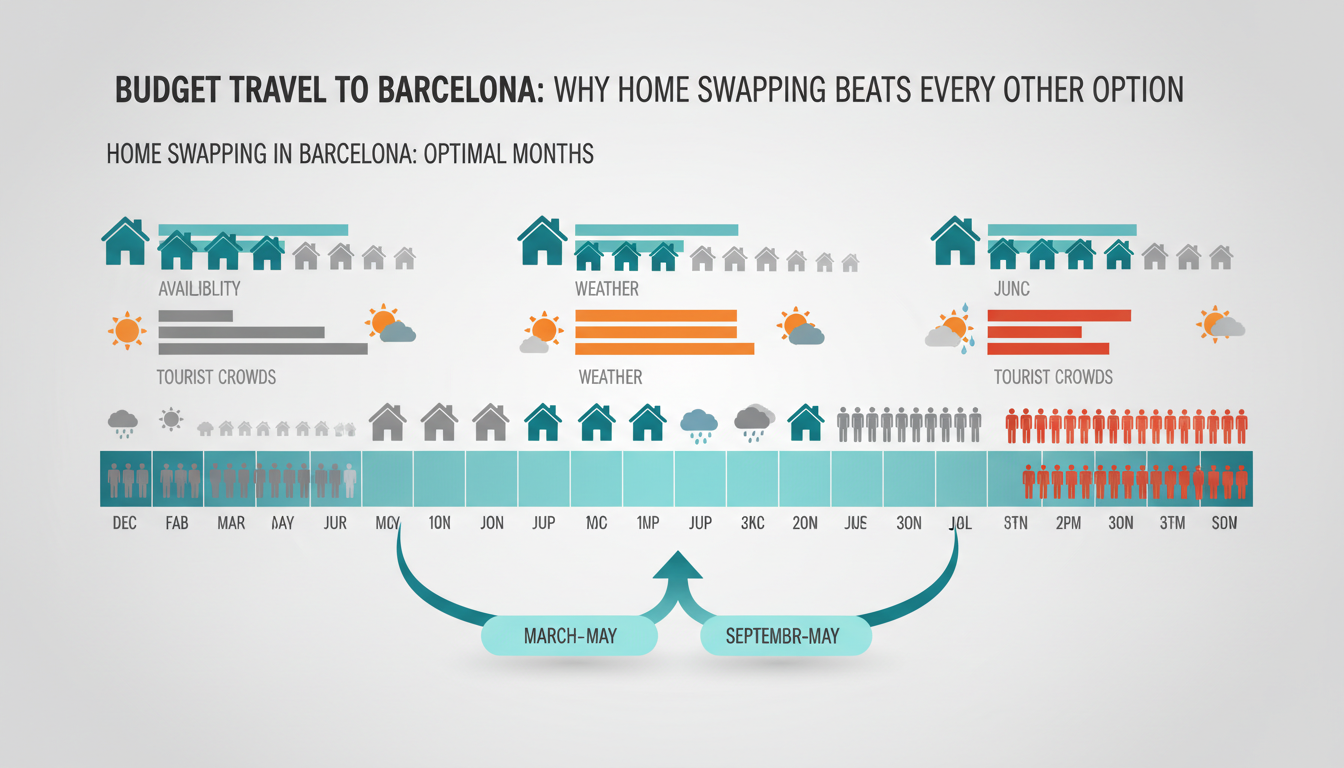 Infographic showing Barcelonas best months for home swapping bar chart comparing availability, weath