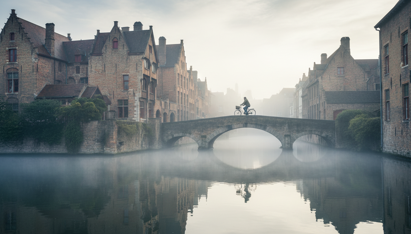 Morning mist rising over Bruges canal with medieval brick buildings reflected in still water, a sing