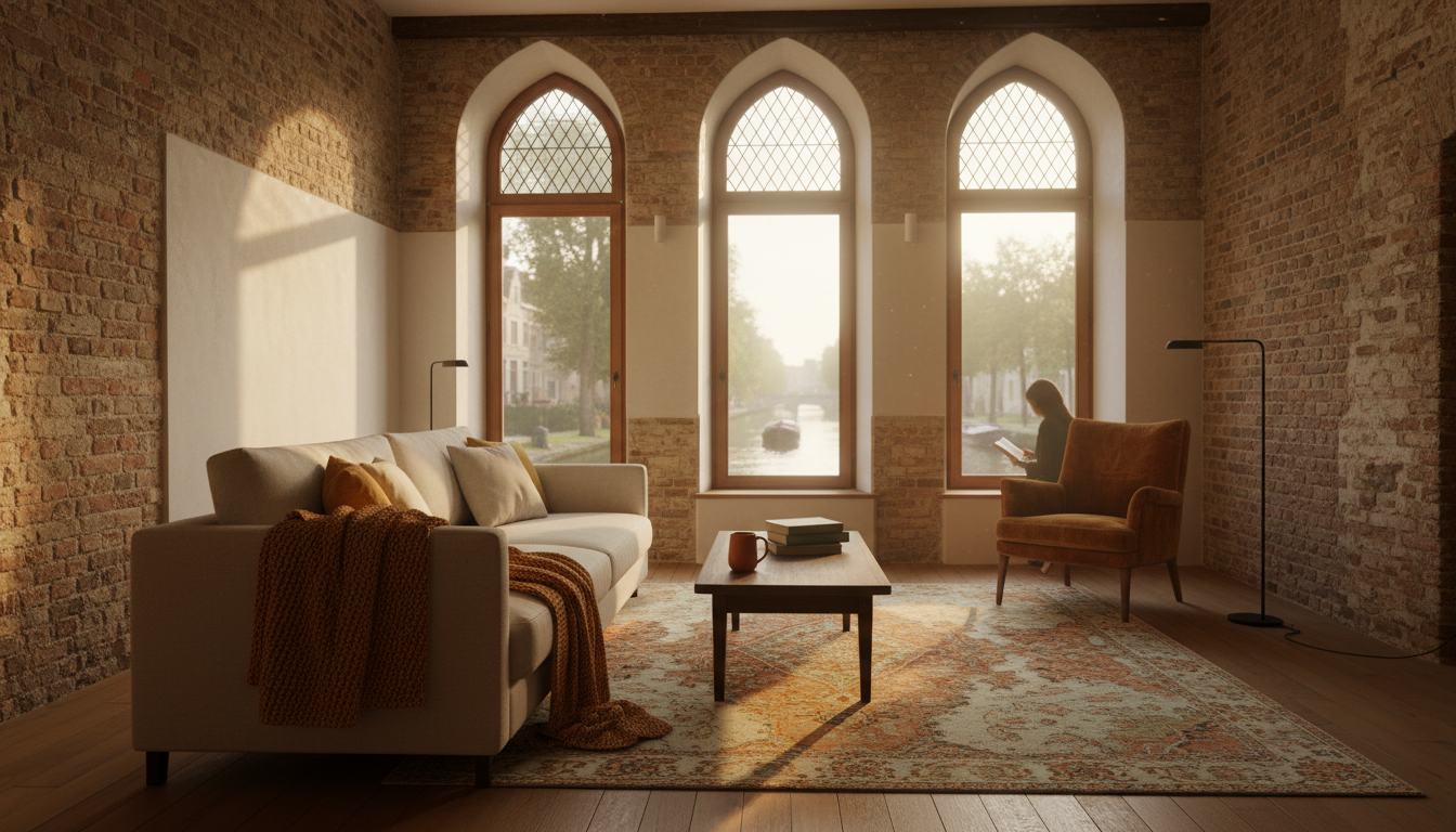 Cozy living room in a traditional Bruges townhouse with exposed brick walls, tall windows overlookin