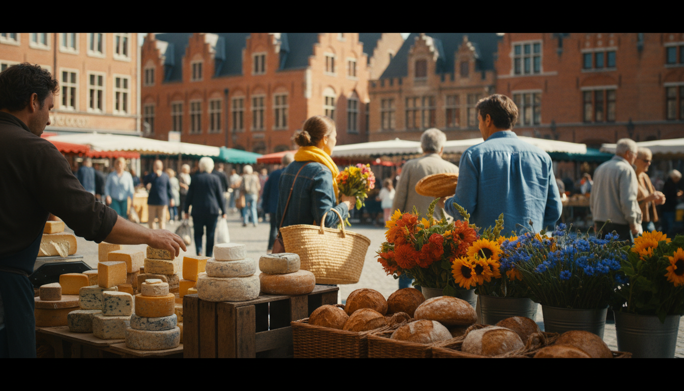 Bruges Saturday market scene with vendors selling artisanal cheese, fresh bread, and flowers, locals
