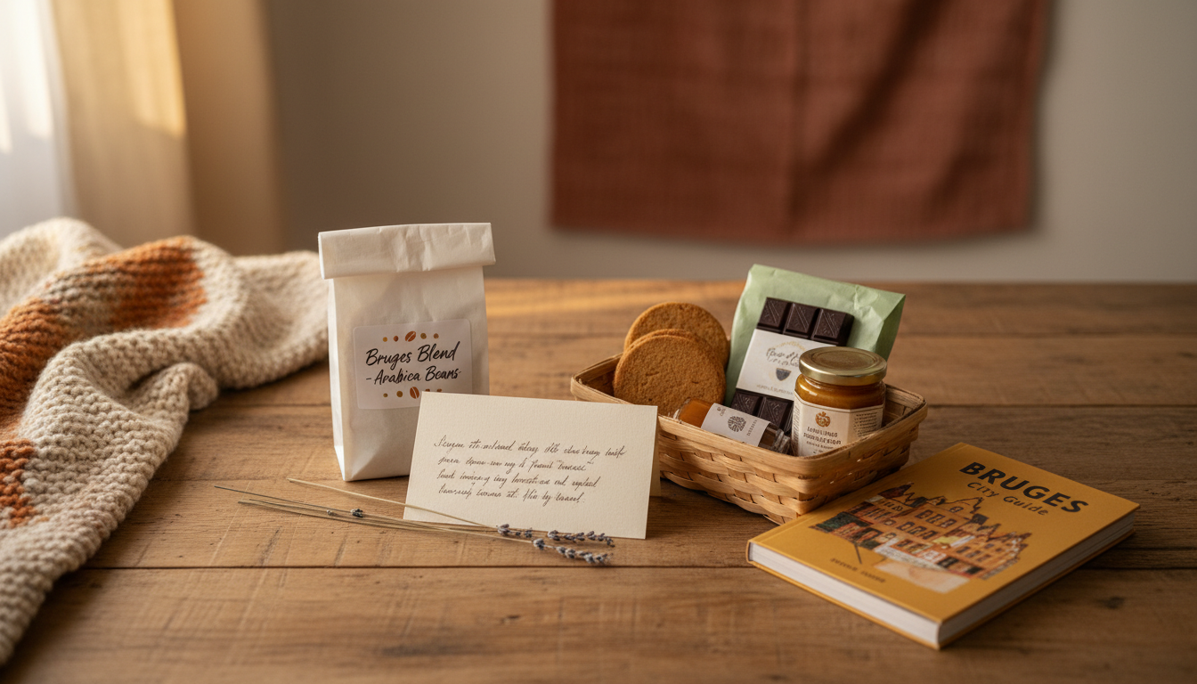 Flat lay of a thoughtful host gift arrangement specialty coffee beans, a handwritten thank-you note,