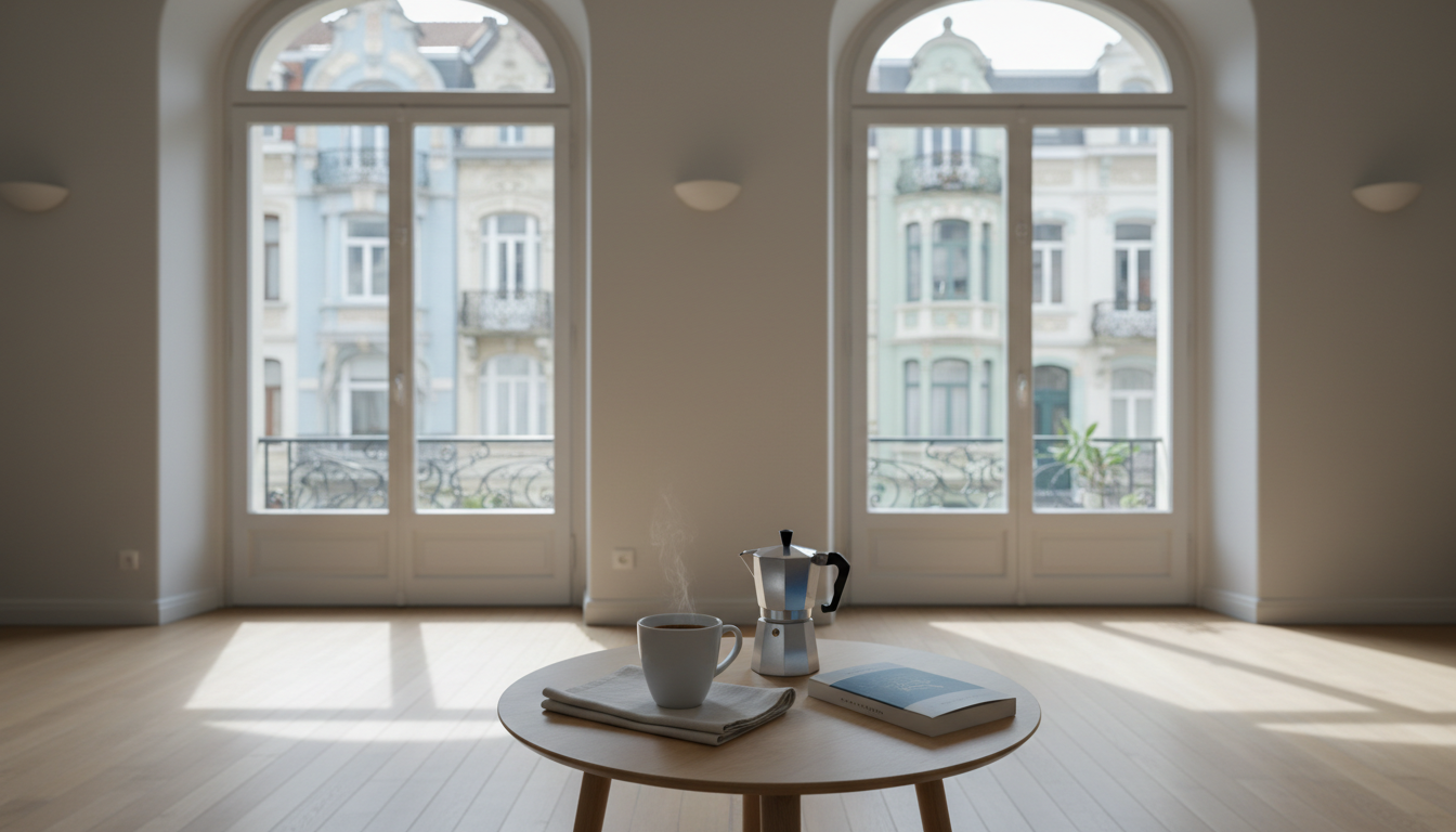 Morning light streaming through tall windows of a Brussels apartment, wooden floors, coffee on a sma