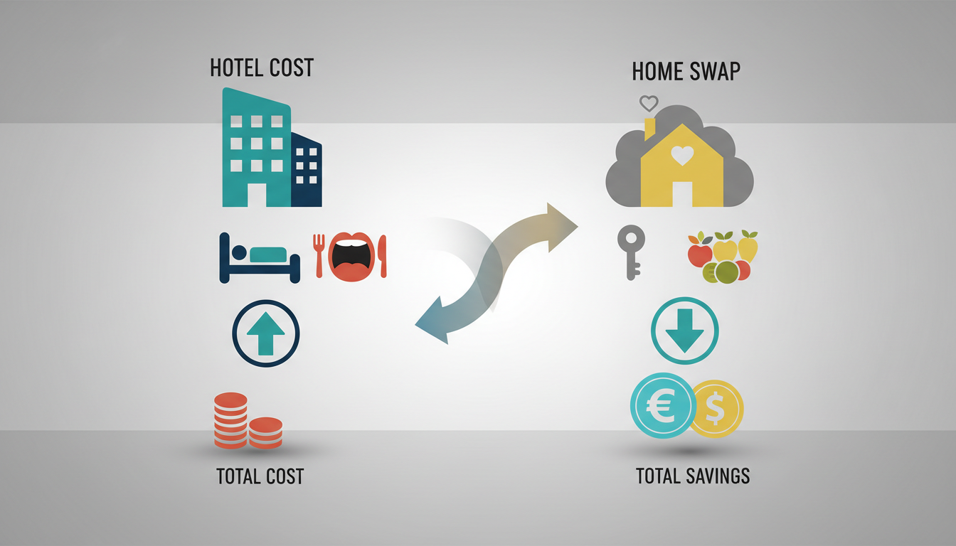 Comparison infographic showing hotel costs vs home swap costs in Brussels over 7 nights, with icons