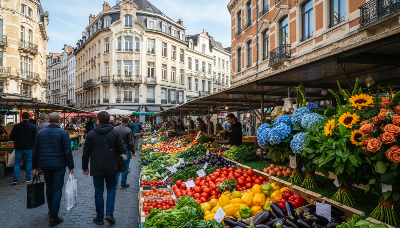 Sunday morning at Parvis de Saint-Gilles market, vendors selling fresh produce and flowers, locals c