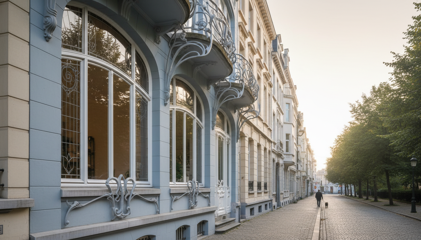Art Nouveau building facade in Schaerbeek with ornate ironwork balconies, morning light, quiet resid