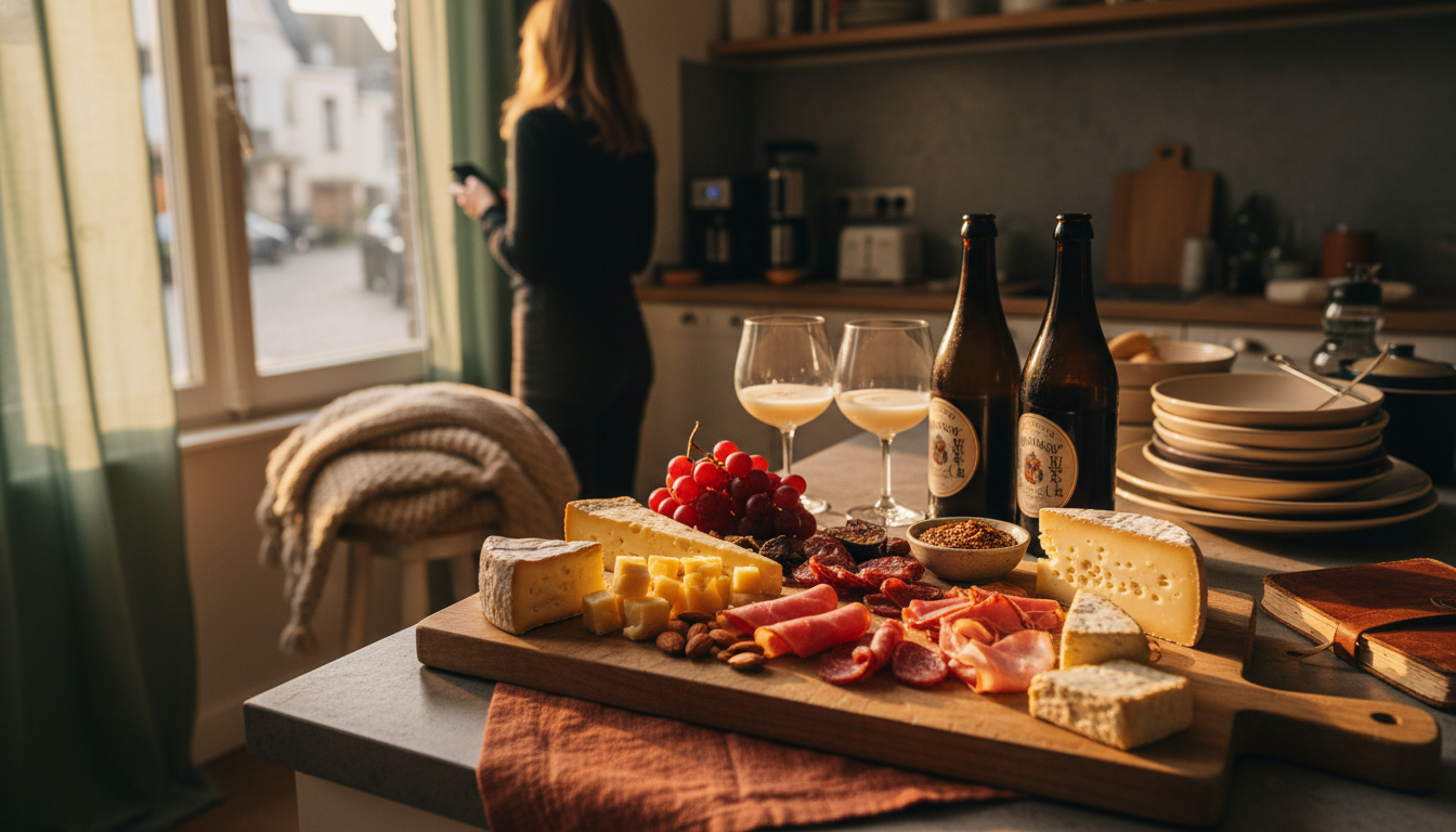 Cheese and charcuterie spread on a wooden cutting board in a Brussels apartment kitchen, Belgian bee