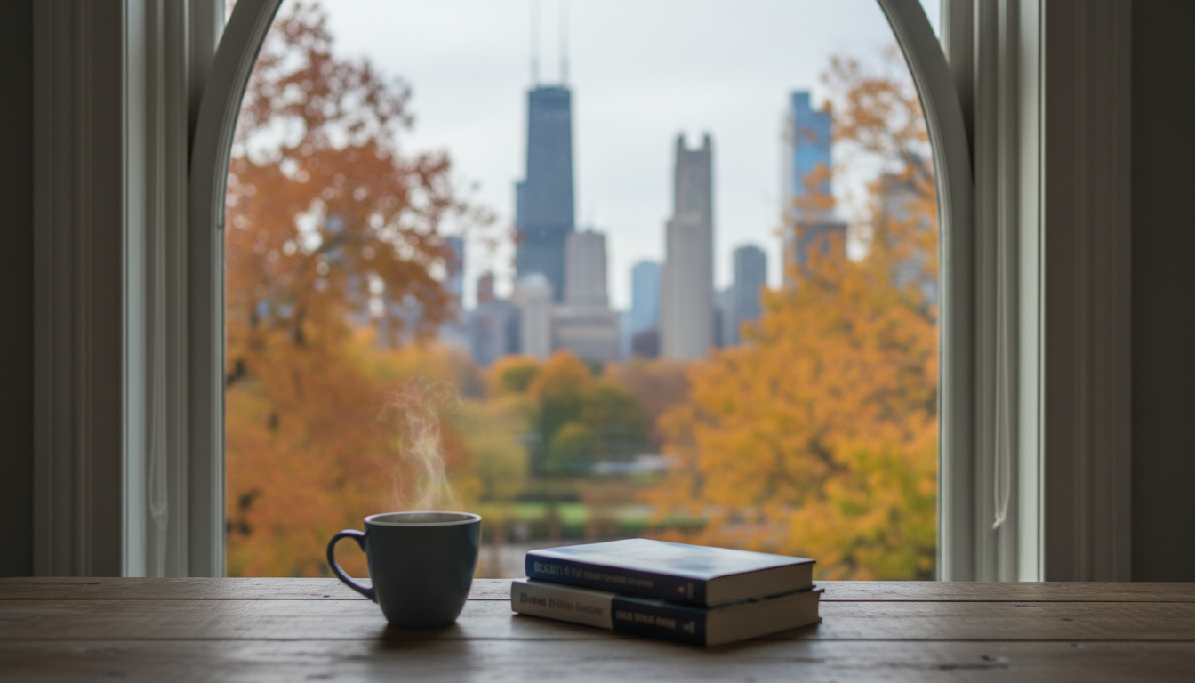 Morning light streaming through a Lincoln Park brownstone window, coffee cup on a wooden table, Chic