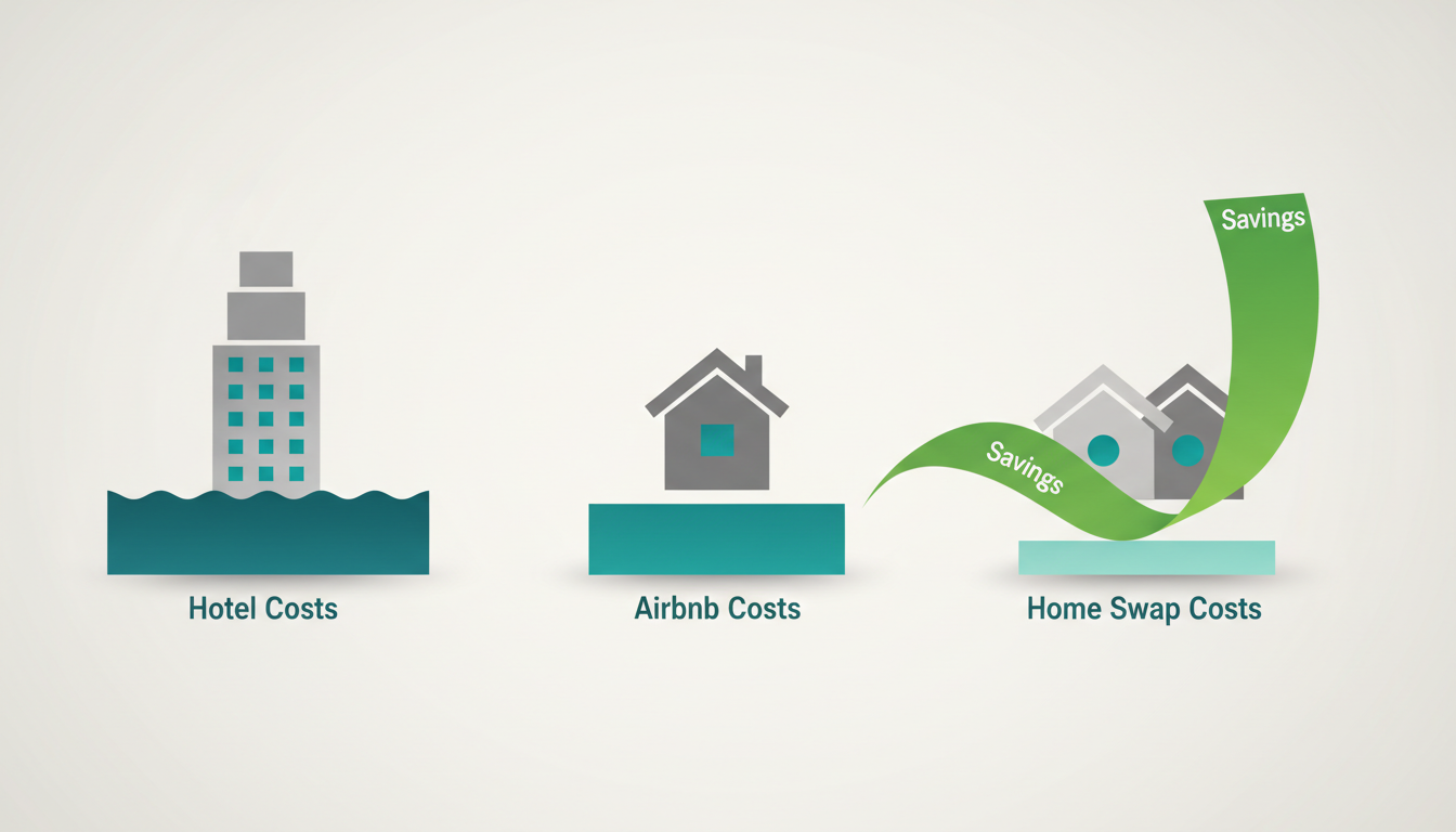 Side-by-side cost comparison infographic showing hotel costs, Airbnb costs, and home swap costs for
