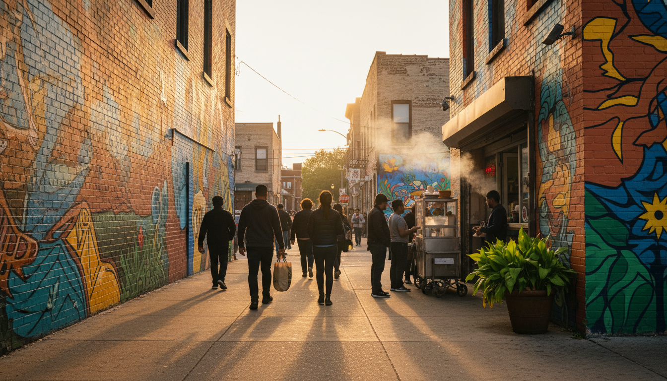 Street scene in Pilsen showing colorful murals on building walls, people walking past a taqueria, la