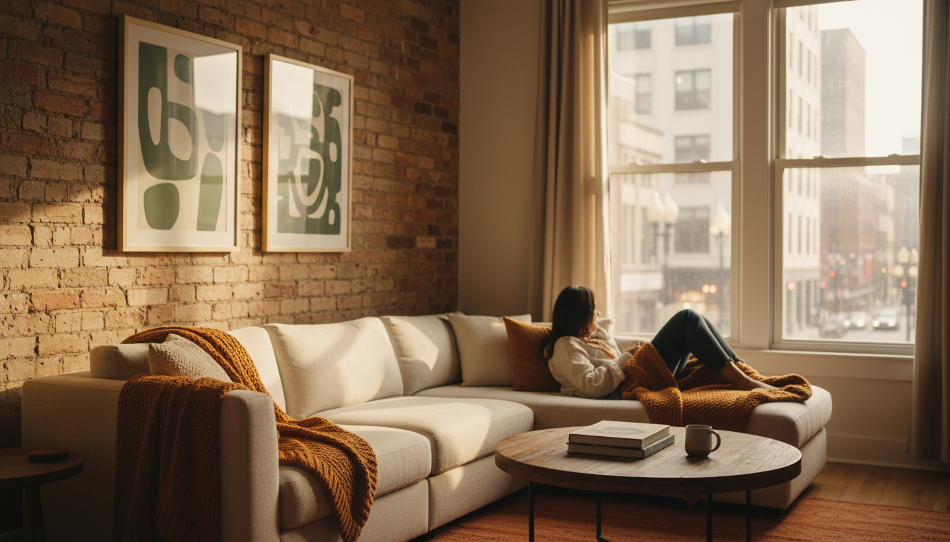 Cozy Chicago apartment living room with exposed brick, comfortable couch, local art on walls, window