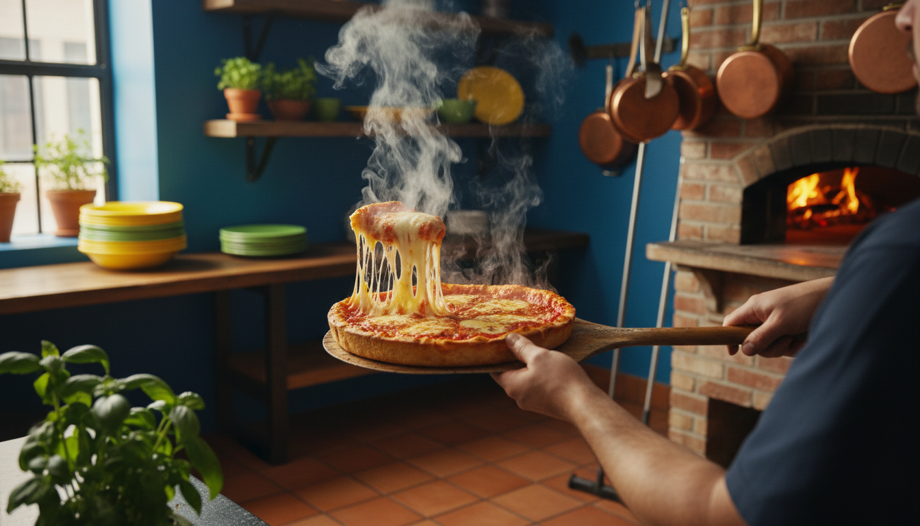 Chicago deep-dish pizza being pulled from oven at a classic neighborhood pizzeria, cheese stretching