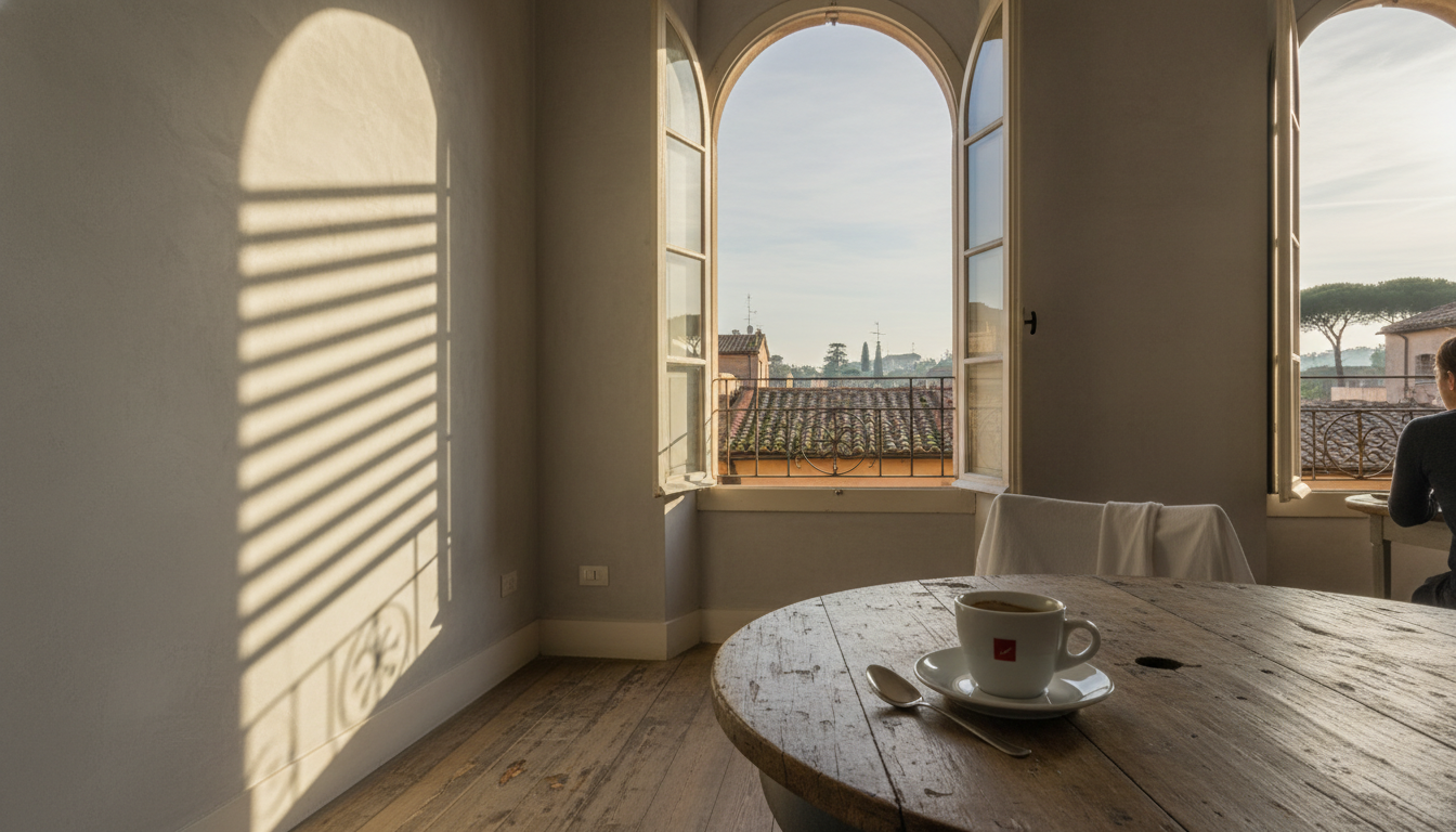 Morning light streaming through shuttered windows of a Roman apartment in Trastevere, espresso cup o