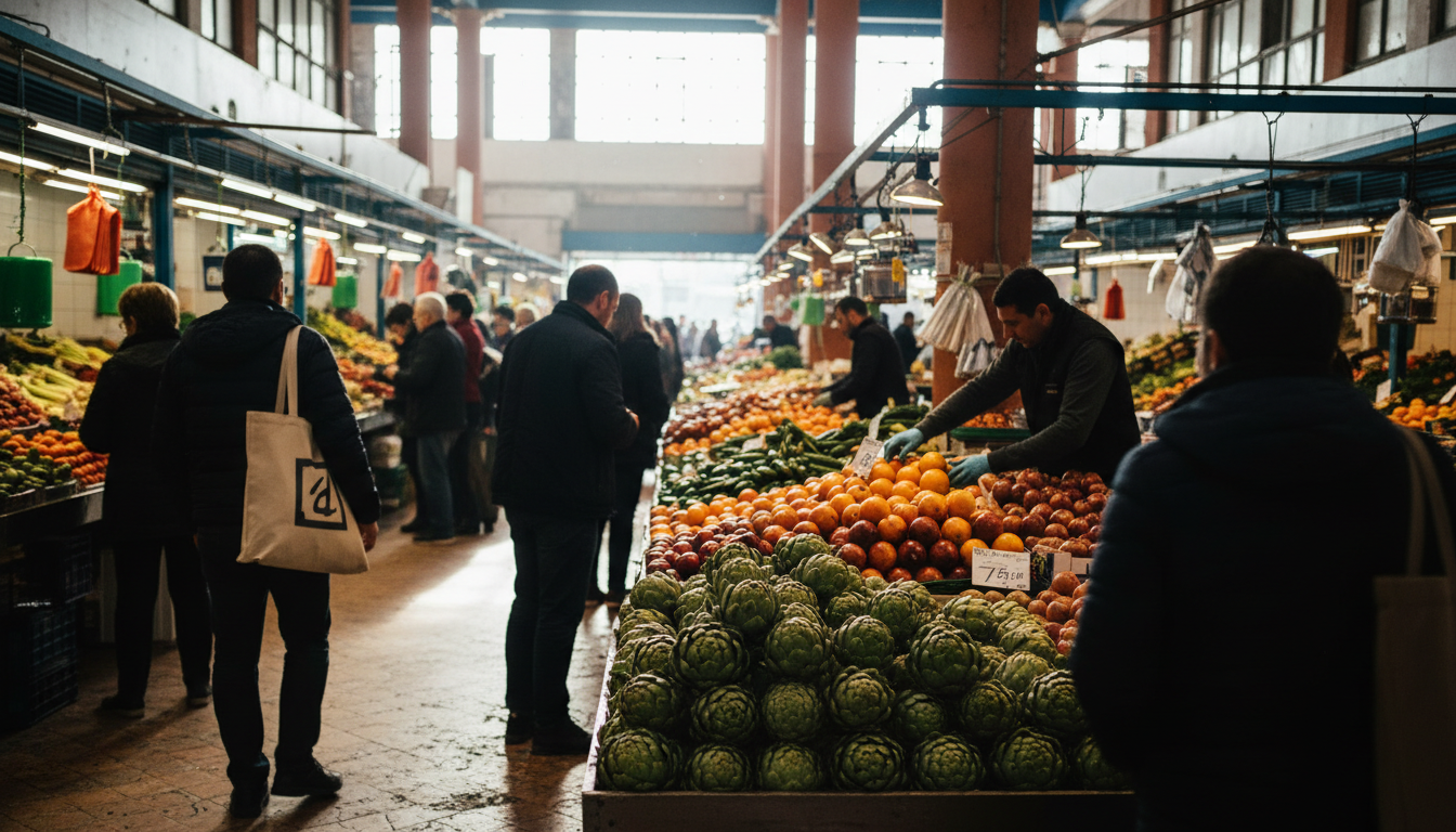 Colorful produce stalls at Mercato Esquilino with vendors arranging artichokes and blood oranges, mo