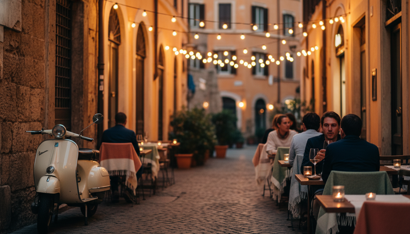 Evening scene on a Monti side street, string lights between buildings, people dining at outdoor tabl