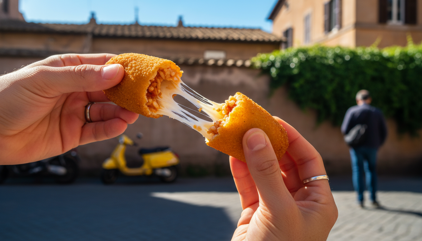 Hands holding a fresh suppl fried rice ball with stretchy mozzarella visible inside, Roman street sc