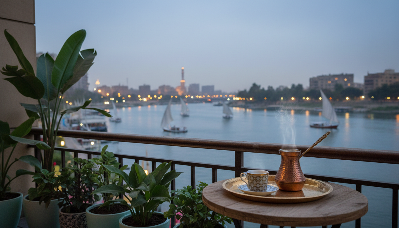 View from a Zamalek apartment balcony at dusk, showing the Nile River with feluccas sailing past, ci