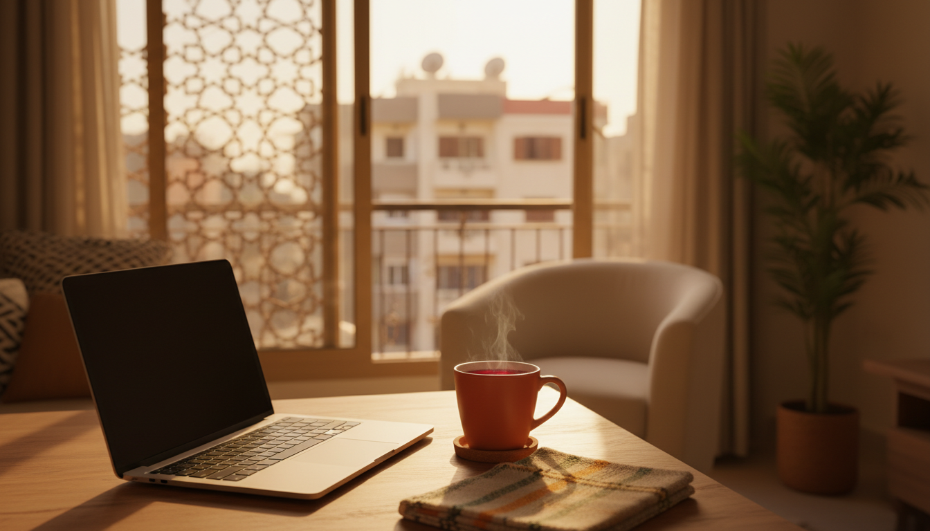 Cozy home office setup in a Cairo apartment with laptop on wooden desk, traditional mashrabiya scree