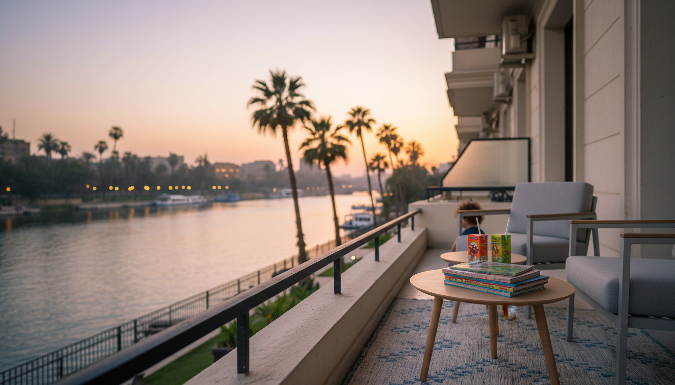 A family-friendly apartment balcony in Cairos Zamalek neighborhood overlooking the Nile at golden ho