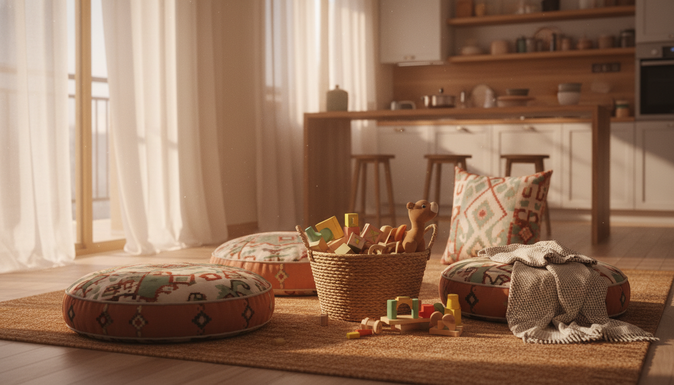 Interior of a bright, spacious Cairo apartment living room with childrens toys in a basket, Arabic-s
