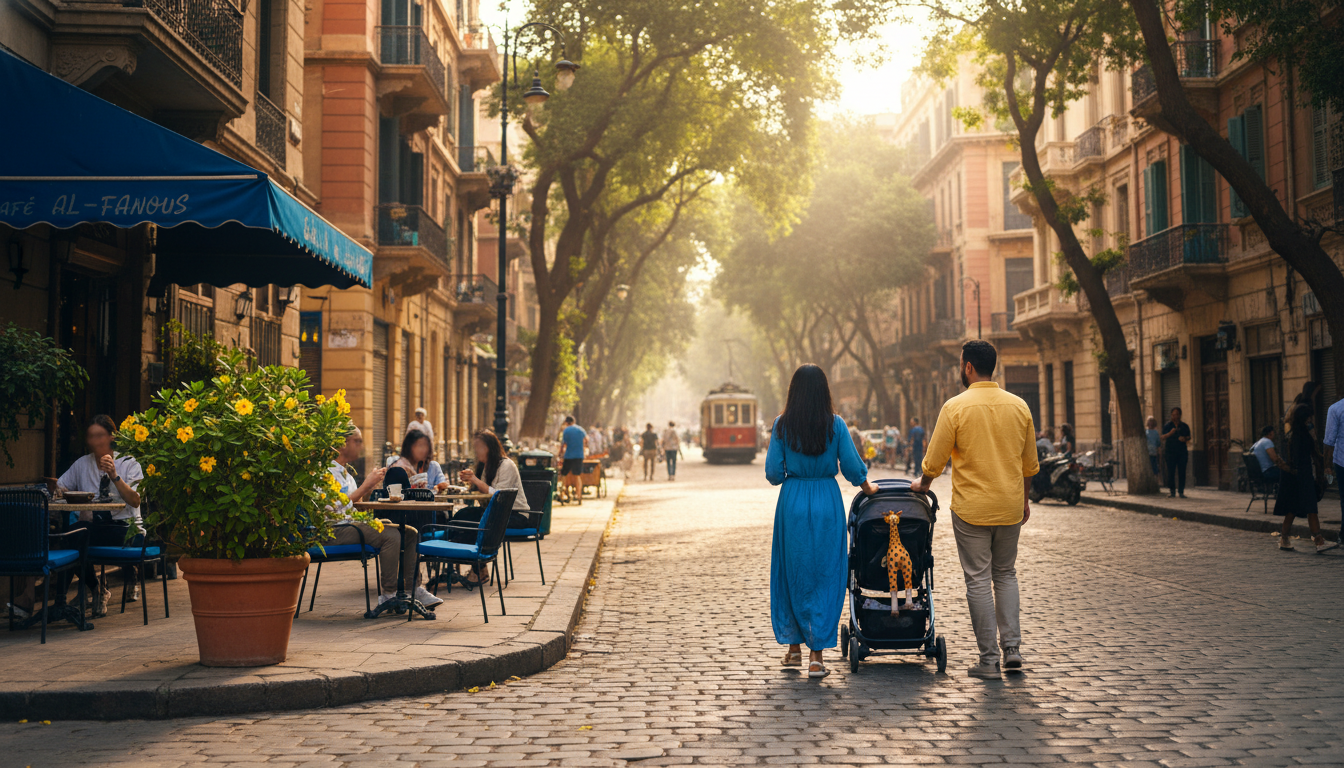 A tree-lined street in Zamalek with historic apartment buildings, dappled sunlight, a family walking