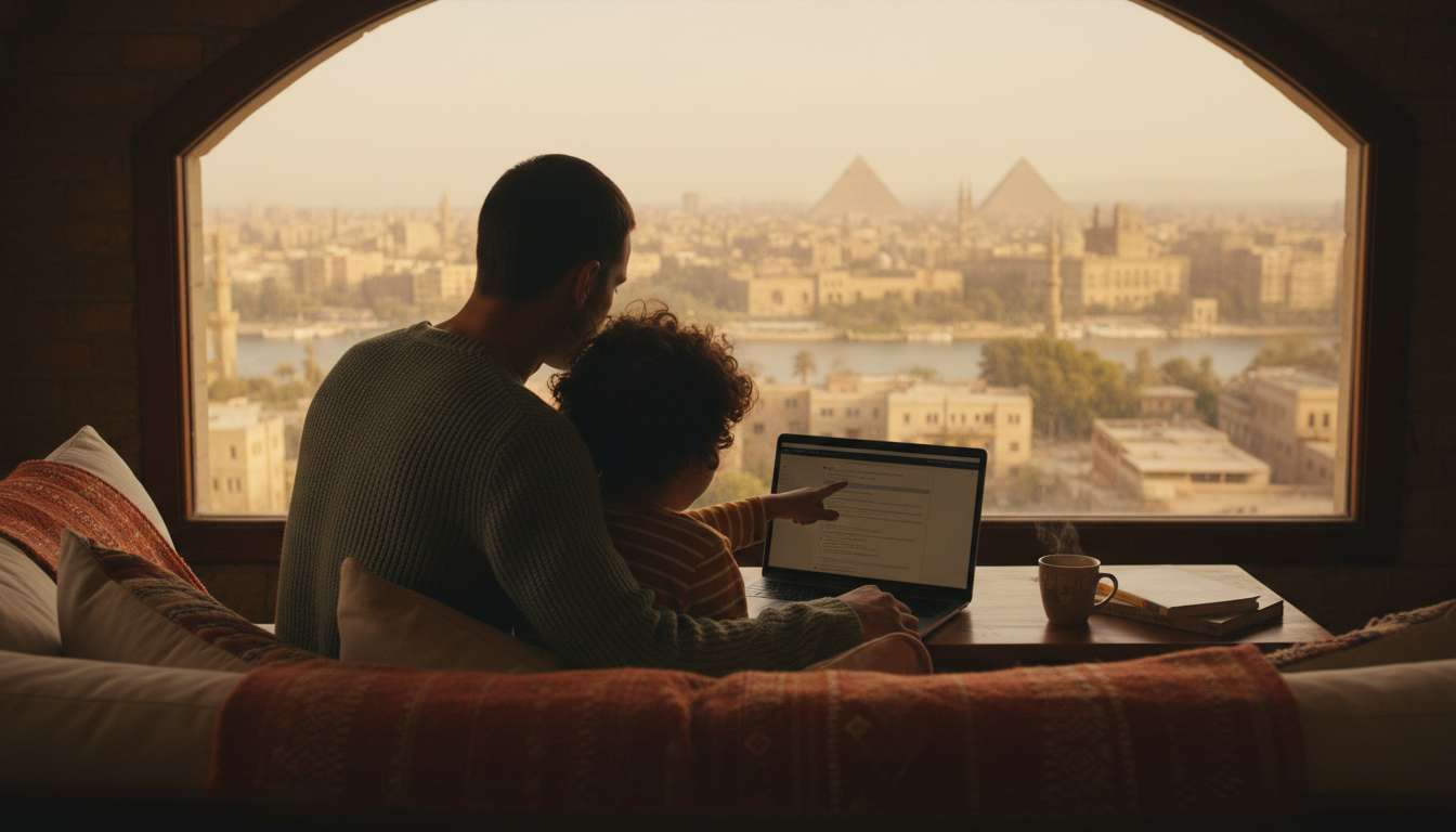 A parent and child looking at a laptop together, with a Cairo cityscape visible through the window b