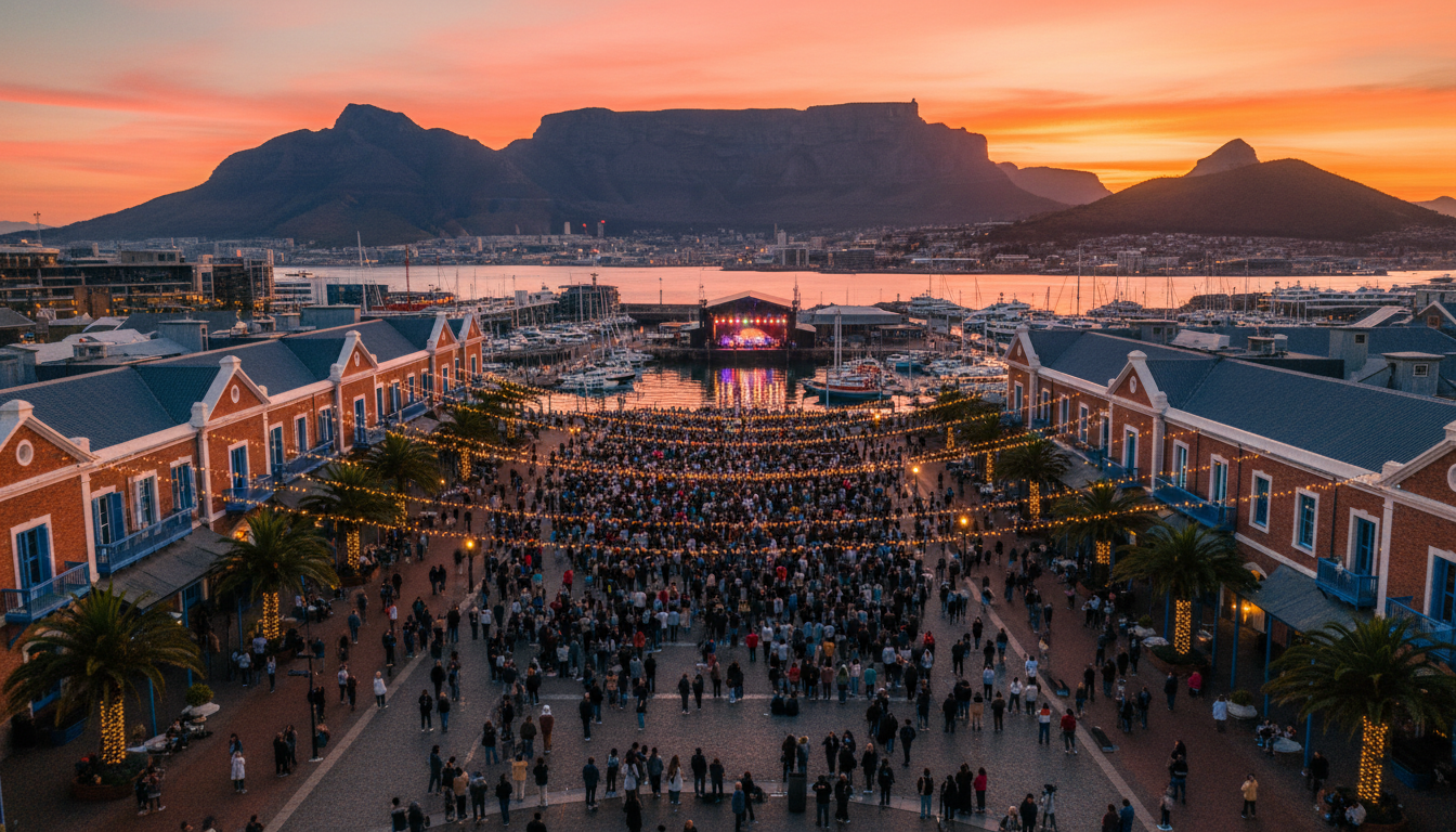 Aerial view of Cape Towns VA Waterfront during sunset with Table Mountain backdrop, crowds gathering