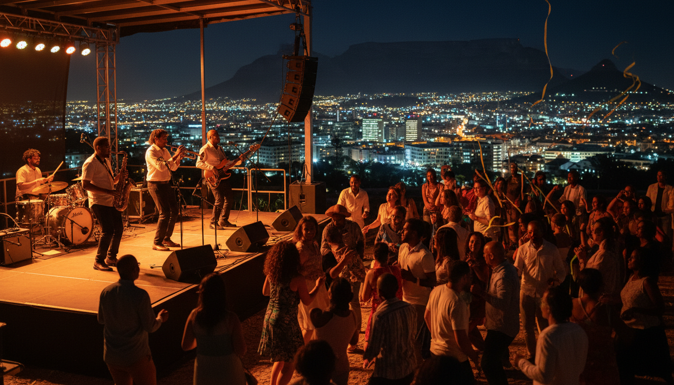 Jazz musicians performing on an outdoor stage at night, Cape Town city lights visible behind them, d