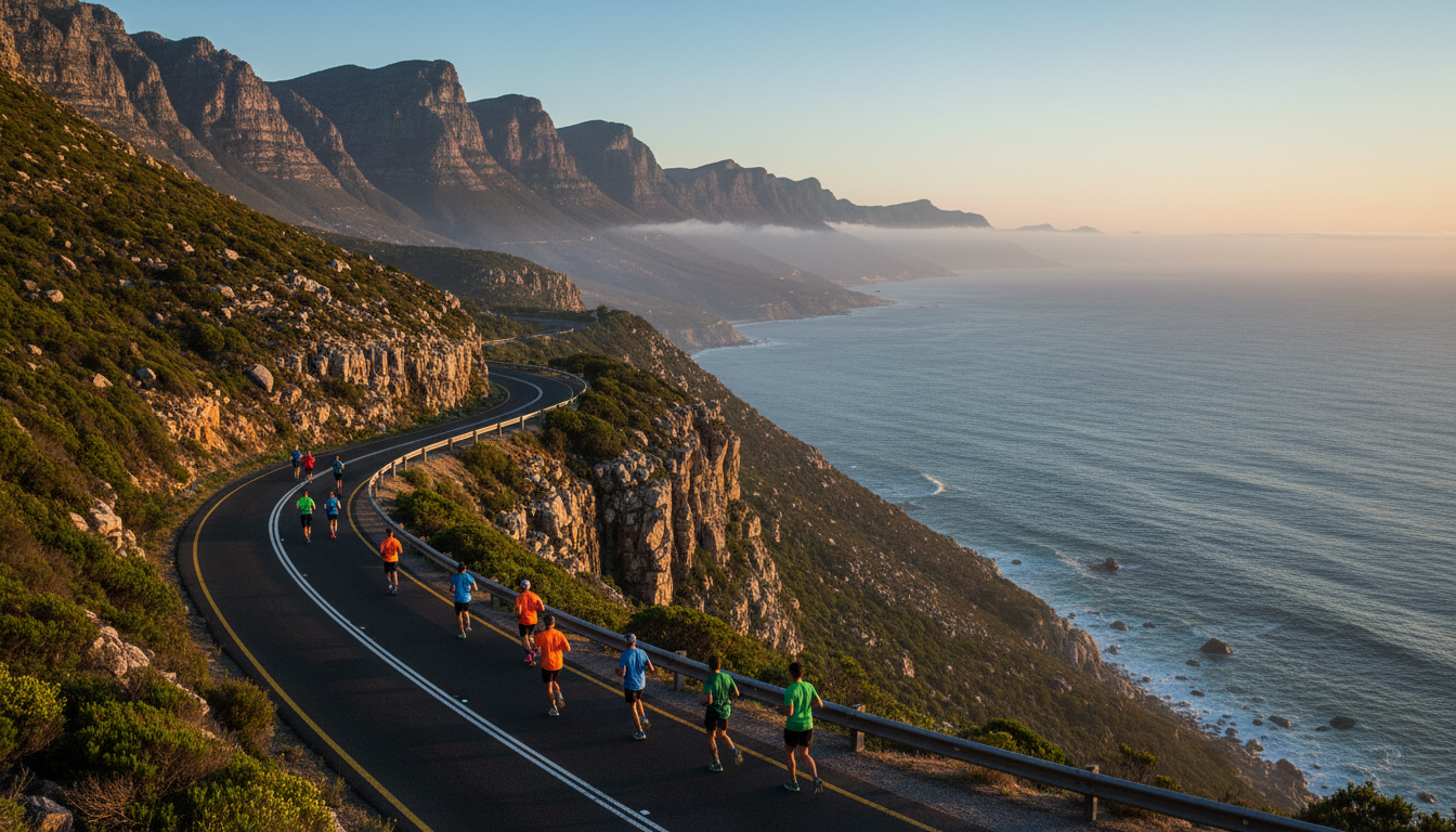 Runners along Chapmans Peak Drive during Two Oceans Marathon, dramatic ocean cliffs and Hout Bay vis