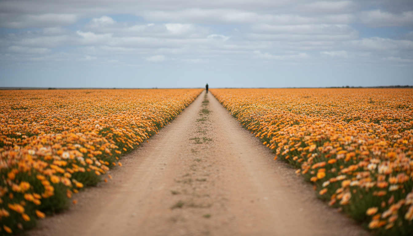 Endless field of orange Namaqualand daisies stretching to the horizon, single dirt road cutting thro