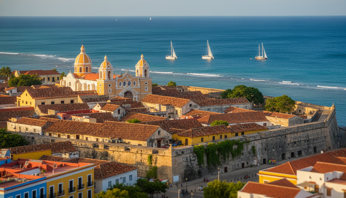 aerial view of Cartagenas walled city at golden hour, showing terracotta rooftops, colonial church d