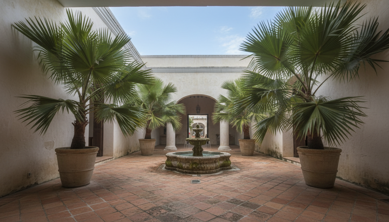interior courtyard of a colonial Cartagena house with potted palms, a small fountain, terracotta til