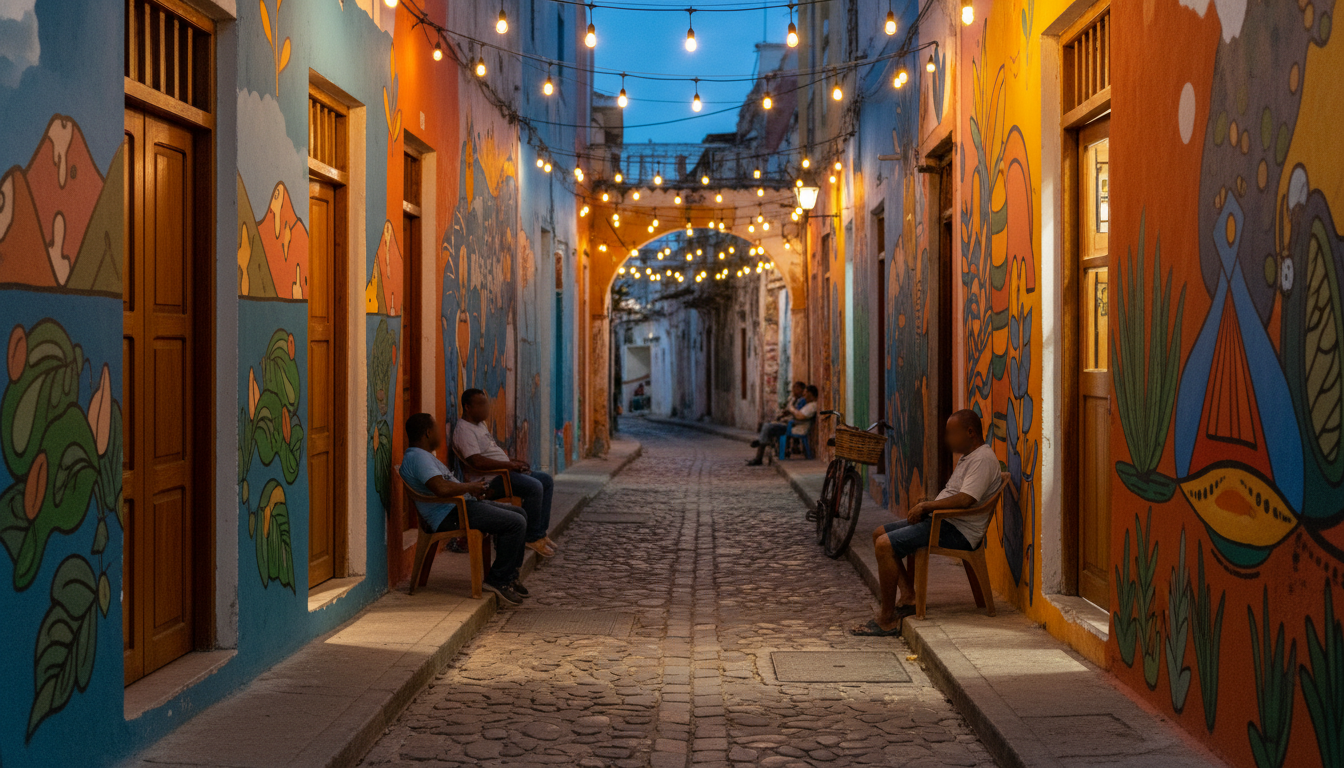narrow Getseman street at dusk with colorful street art murals on both sides, string lights overhead
