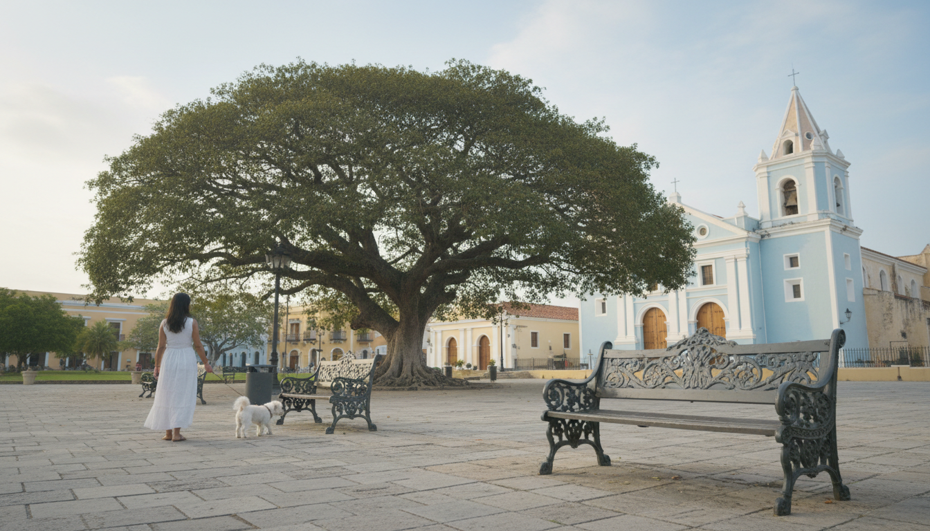 quiet San Diego plaza in Cartagena with a colonial church, a single large tree providing shade, a fe