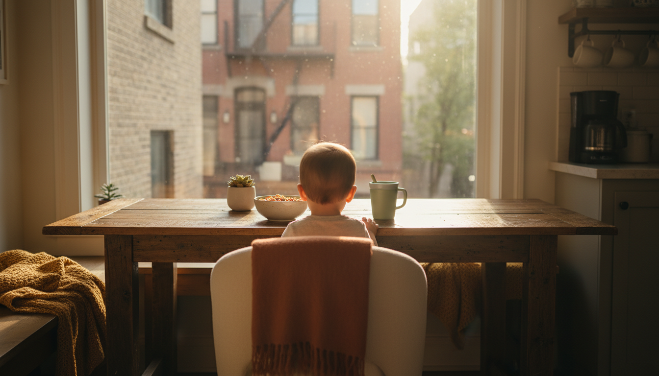 Morning scene in a Lincoln Park brownstone kitchentoddler at a sunny breakfast nook, cereal bowl and