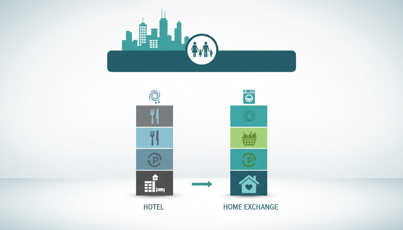 Infographic comparing hotel costs vs home exchange costs for a Chicago family tripbar chart showing
