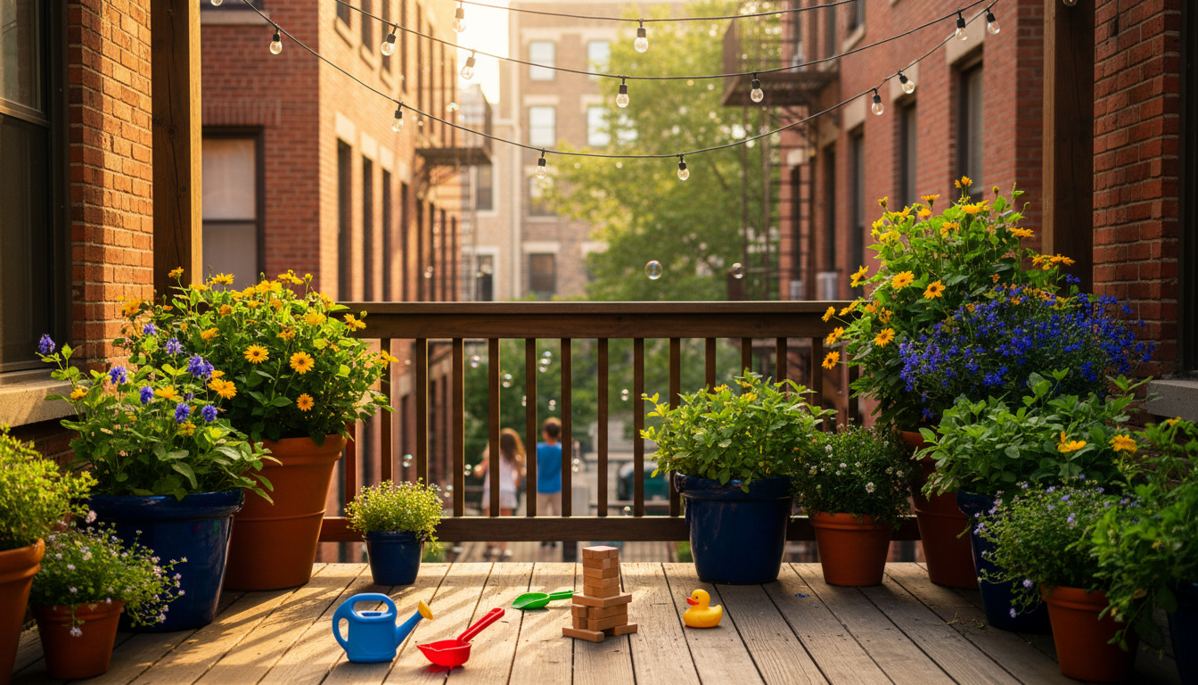 Summer afternoon on a Wicker Park back porchstring lights, potted plants, view of neighboring brick