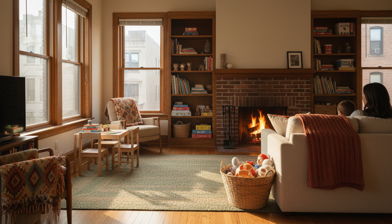 Cozy Chicago living room set up for a familytoys in a basket, kid-sized table and chairs by the wind